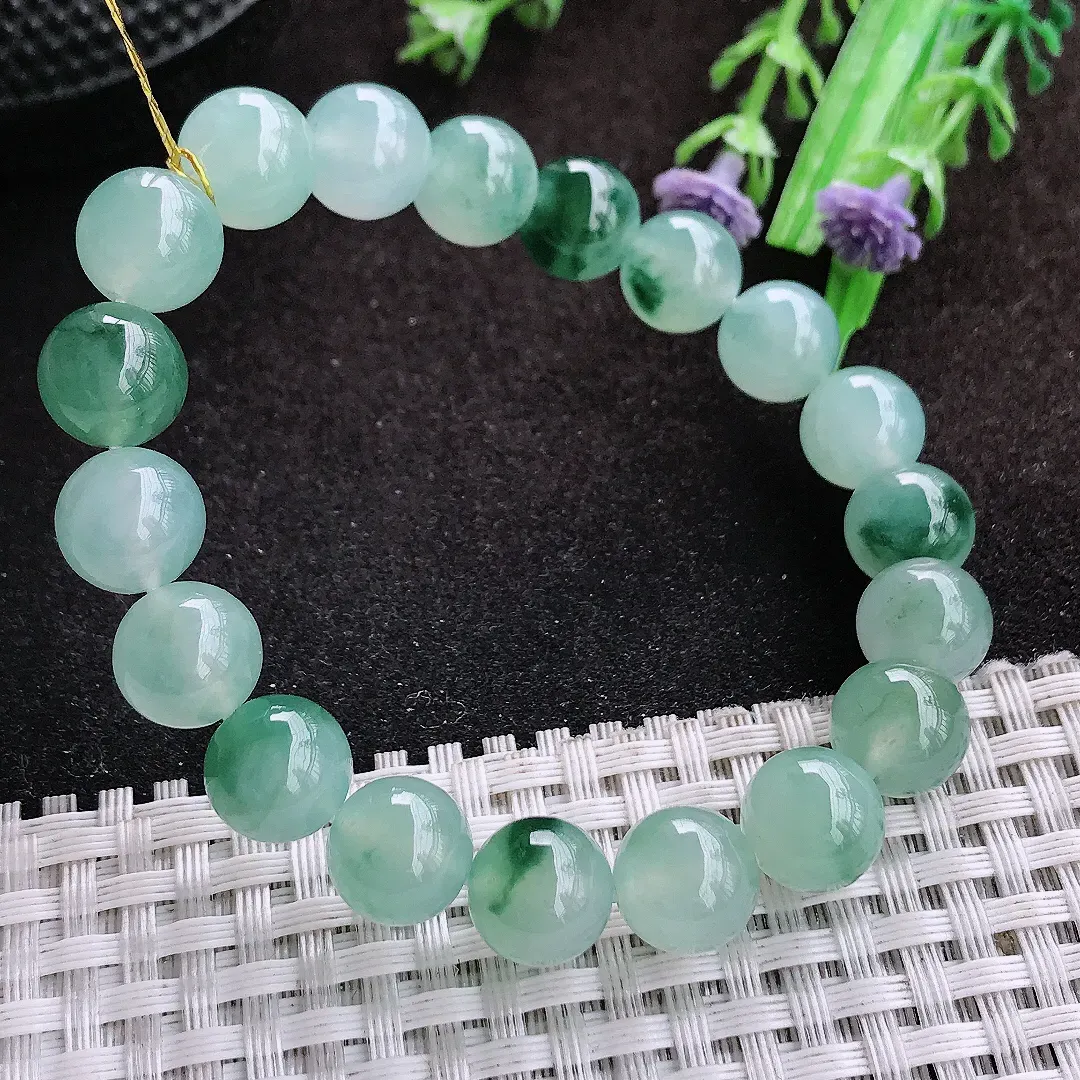 自然光9.9/19颗老坑冰种果冻冰飘花圆珠手链翡翠玉珠链女士百搭
