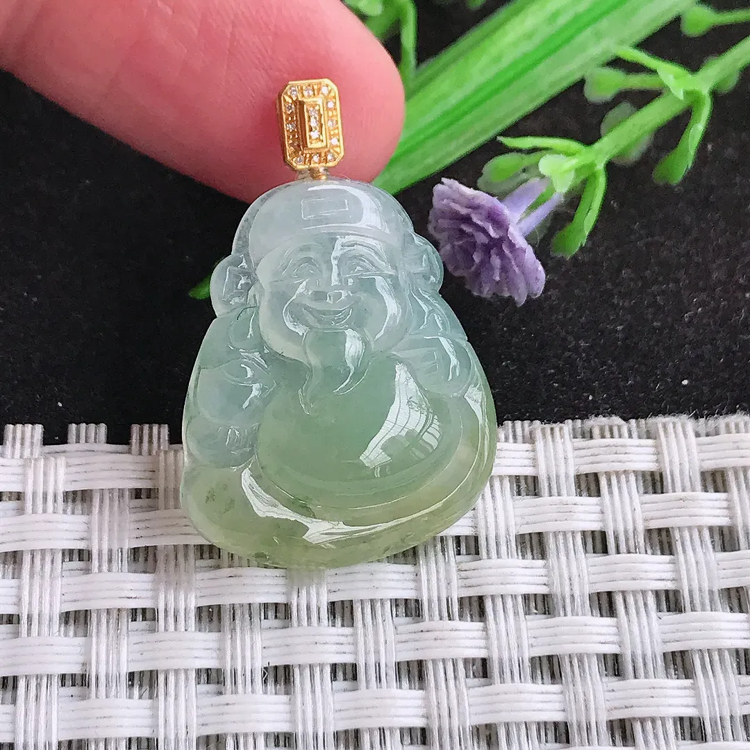 自然光24.6/20.3/4.8老坑18k金镶嵌冰胶果冻黄翡财神爷吊坠翡翠玉坠挂件