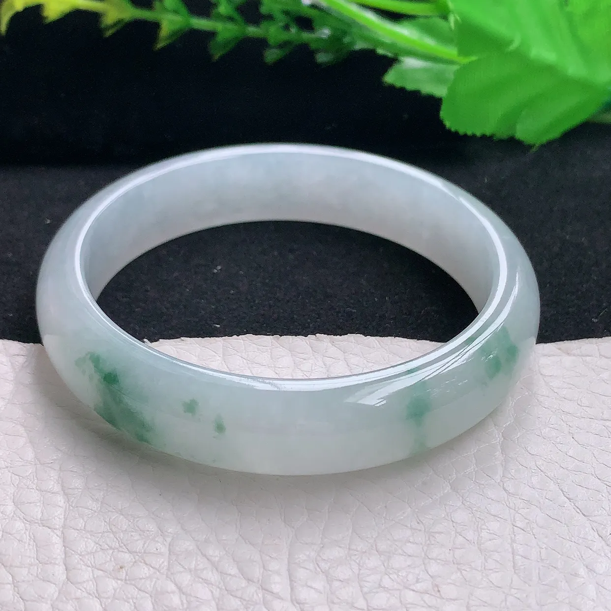 pj自然光58*13*7.3平安镯 天然缅甸翡翠a货冰飘花宽边珠宝玉手镯