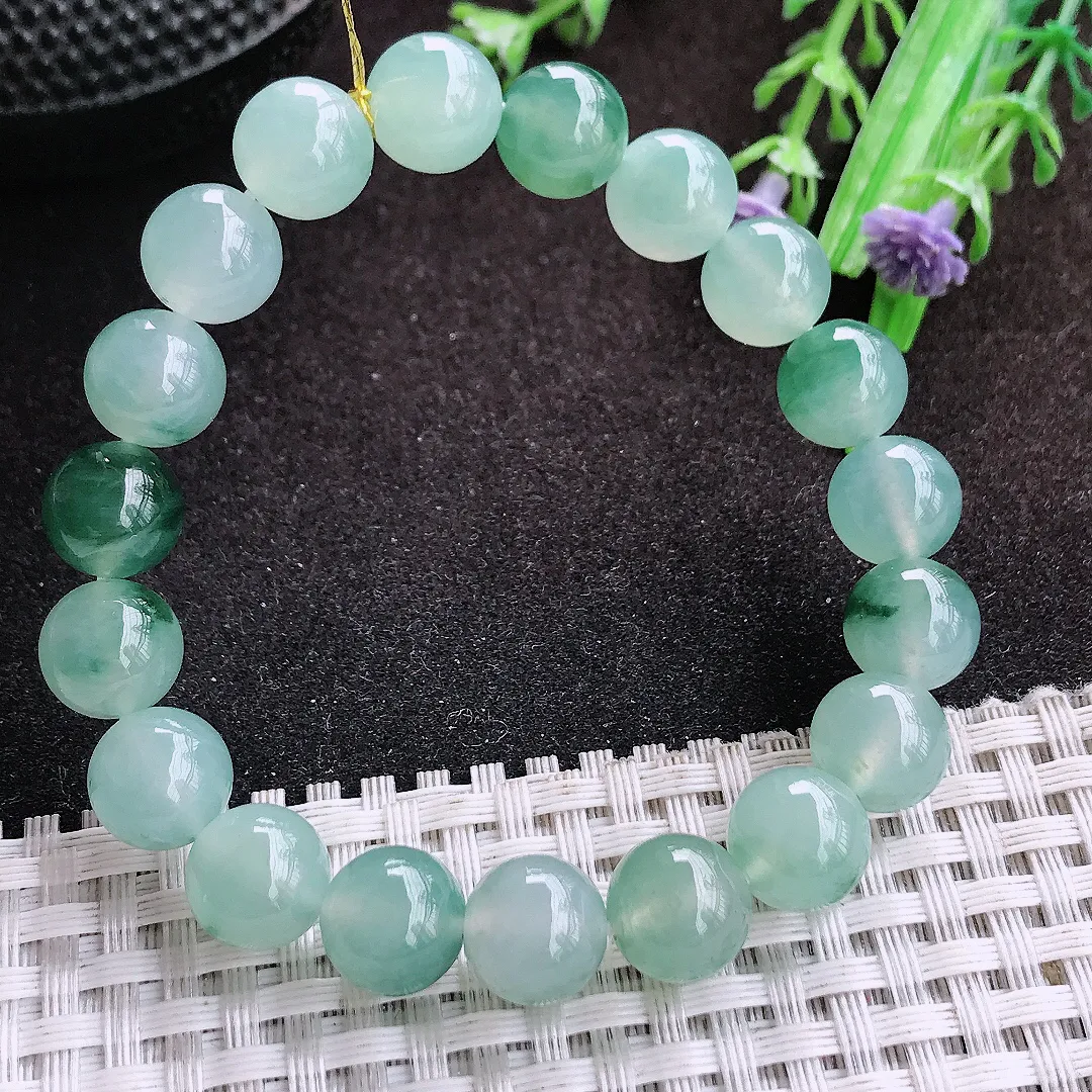 自然光9.9/19颗老坑冰种果冻冰飘花圆珠手链翡翠玉珠链女士百搭