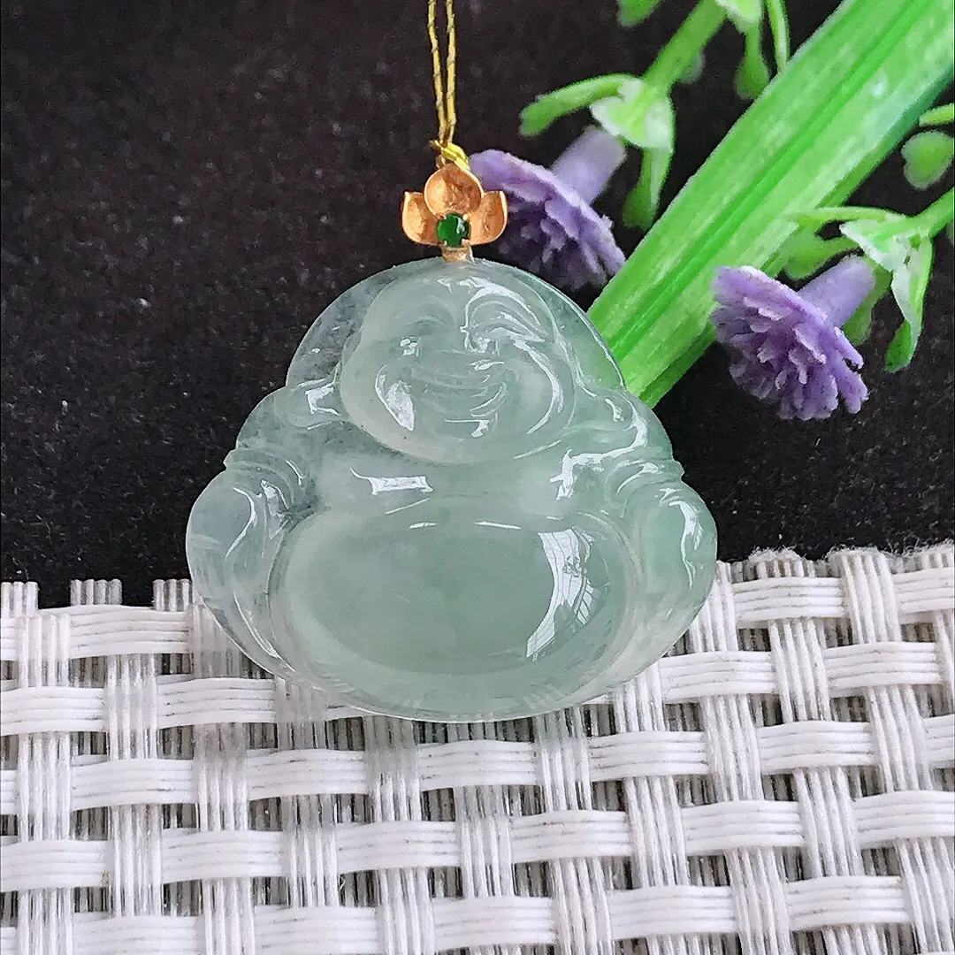 自然光22.5/25.8/5.8老坑18k金镶嵌冰种冰晴佛公吊坠翡翠玉佛挂件