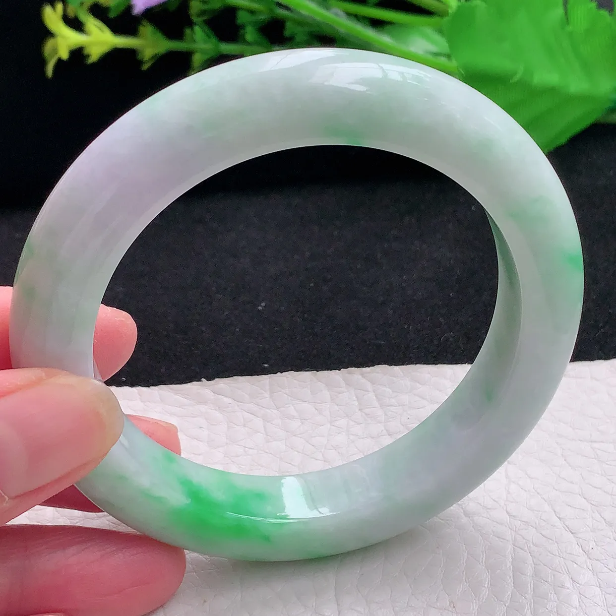 pj自然光58*11.8*10.5平安镯 天然缅甸翡翠a货春带彩厚装宽边珠宝玉手镯