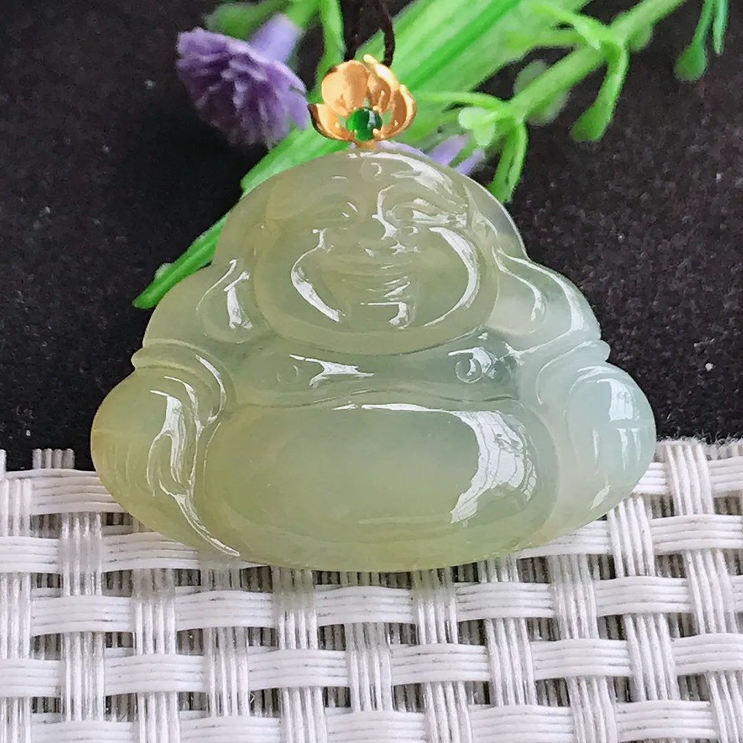 自然光25.5/33.6/5老坑18k金镶嵌冰胶黄翡佛公吊坠翡翠玉坠挂件