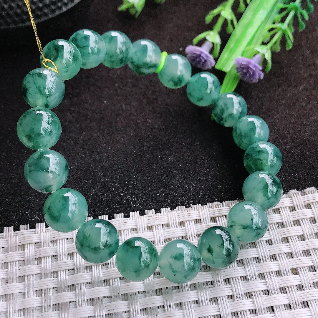 自然光10/19颗老坑冰胶果冻冰飘花玉珠手链翡翠玉珠链女士百搭