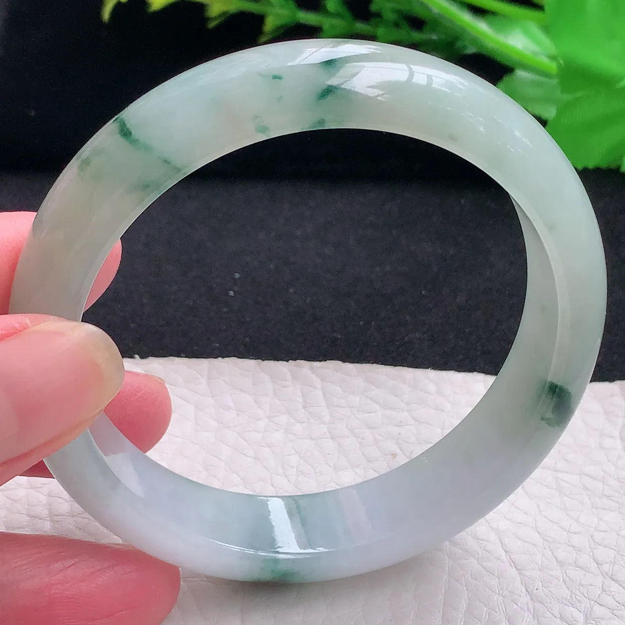 xh自然光58*14*7.8平安镯 天然缅甸翡翠a货冰飘花宽边珠宝玉手镯