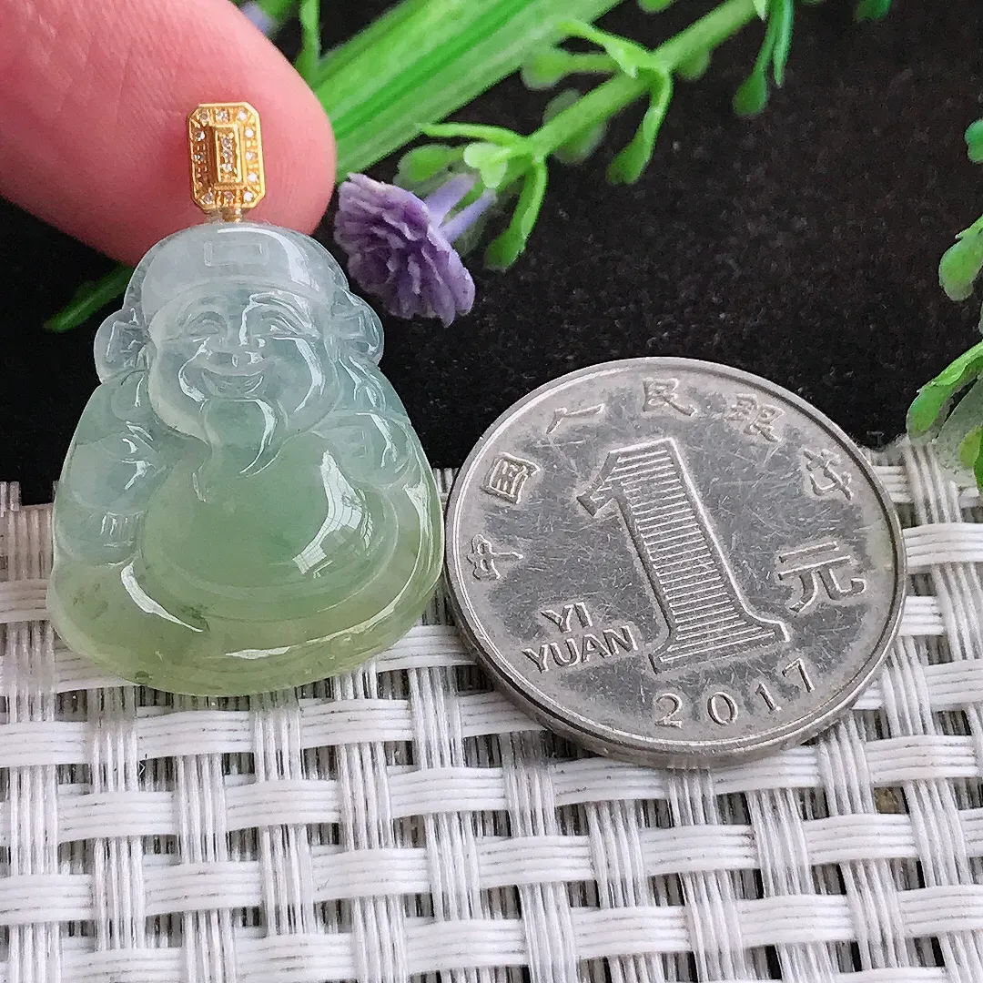自然光24.6/20.3/4.8老坑18k金镶嵌冰胶果冻黄翡财神爷吊坠翡翠玉坠挂件