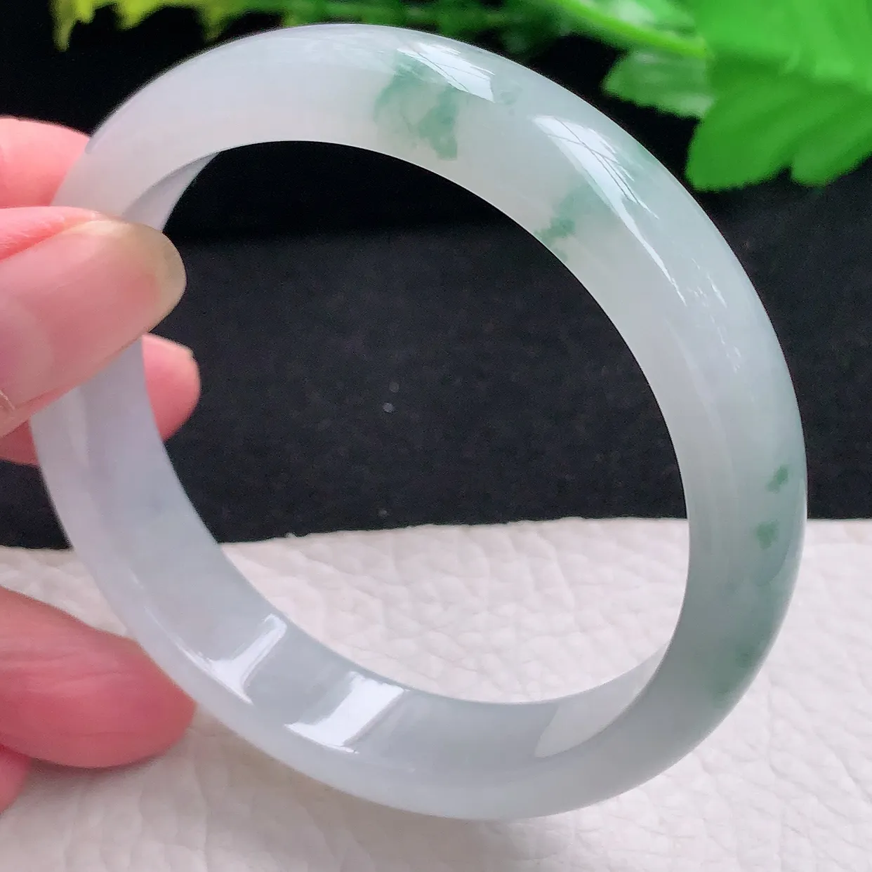 pj自然光58*13*7.3平安镯 天然缅甸翡翠a货冰飘花宽边珠宝玉手镯