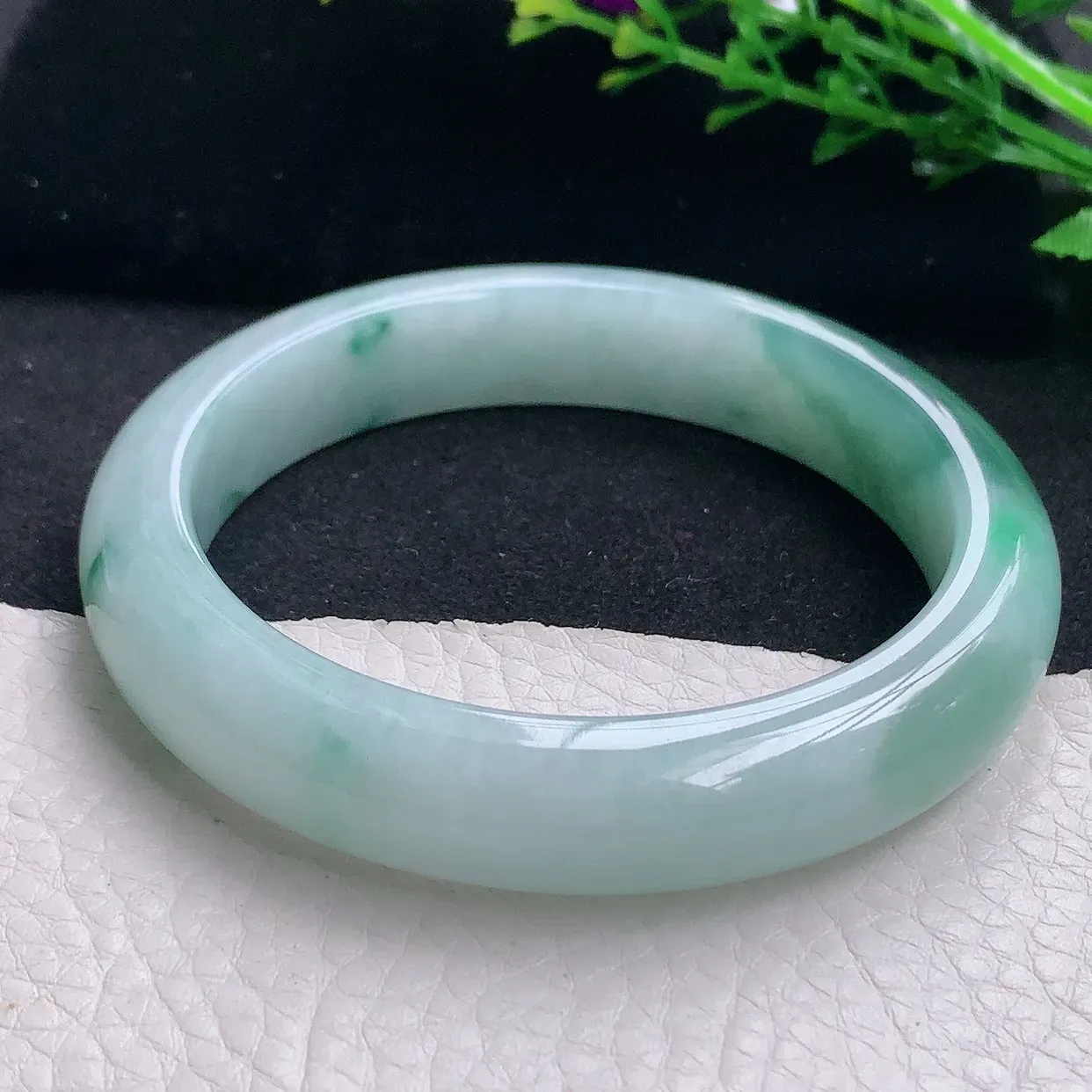 qn自然光58.5*12.3*9平安镯 天然缅甸翡翠a货冰胶半山水宽边珠宝玉手镯