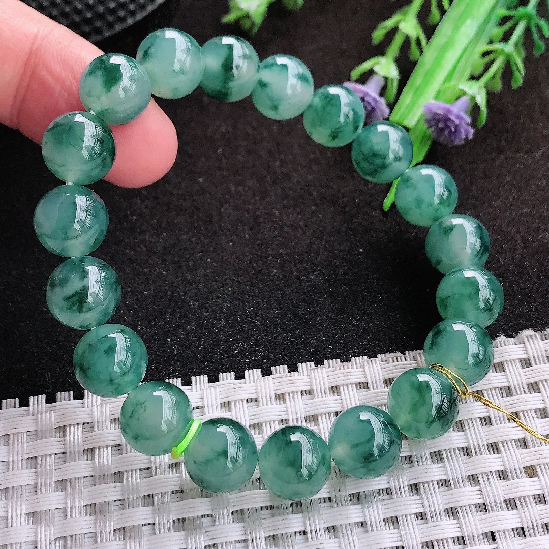 自然光10/19颗老坑冰胶果冻冰飘花玉珠手链翡翠玉珠链女士百搭