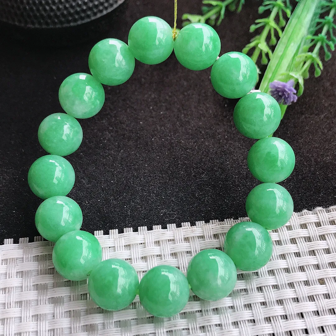 自然光12.8/16颗老坑精美温润满绿圆珠手链翡翠玉珠链女士百搭
