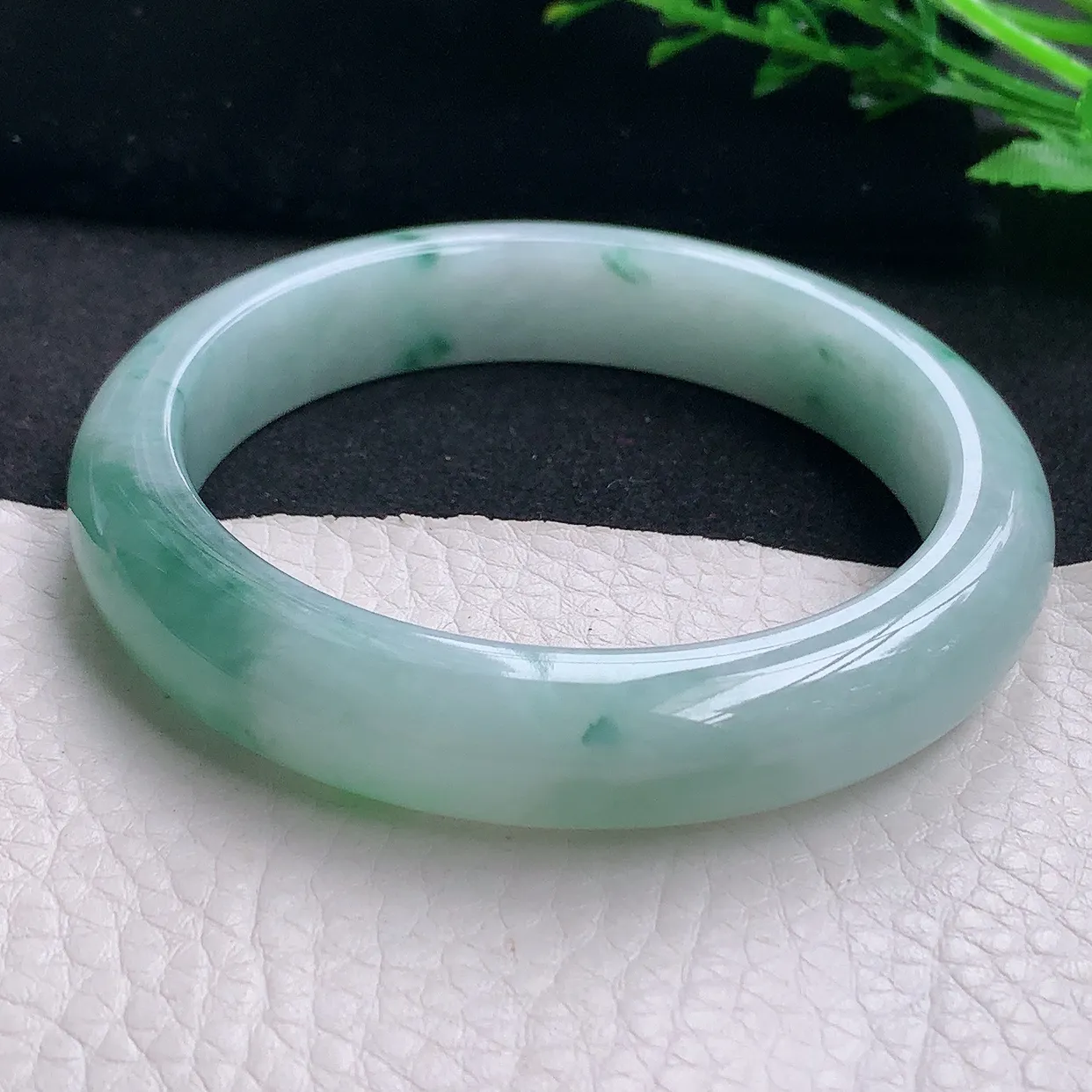 qn自然光58.5*12.3*9平安镯 天然缅甸翡翠a货冰胶半山水宽边珠宝玉手镯