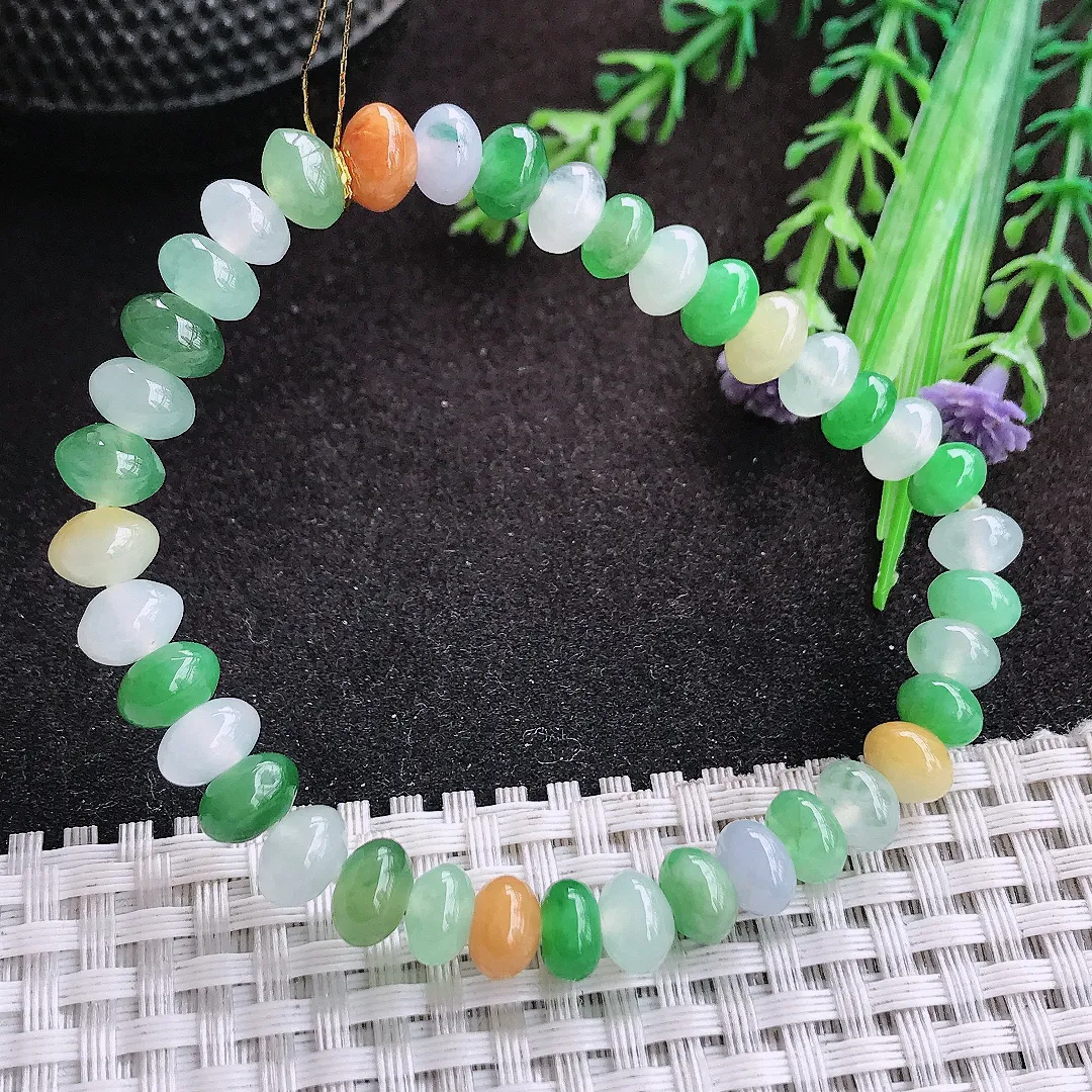 自然光7.3/5/38颗老坑冰透起胶艳丽三彩鼓珠手链翡翠玉珠链女士百搭