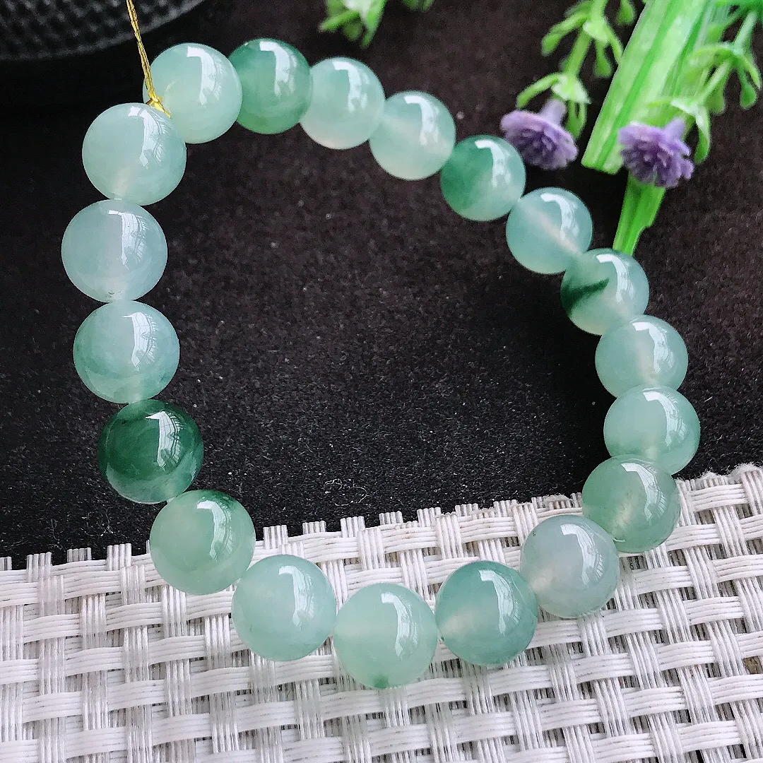 自然光9.9/19颗老坑冰种果冻冰飘花圆珠手链翡翠玉珠链女士百搭
