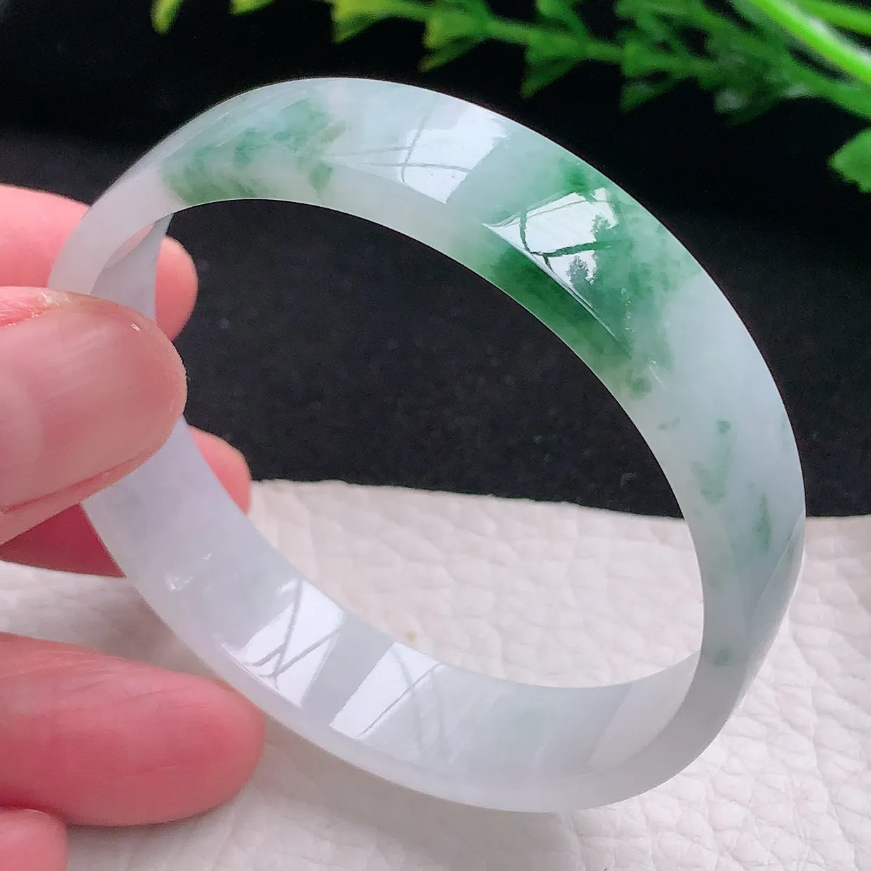 ss小圈口52.5*12*3.8宽扁镯 天然缅甸翡翠a货飘花秀气宽边珠宝玉手镯