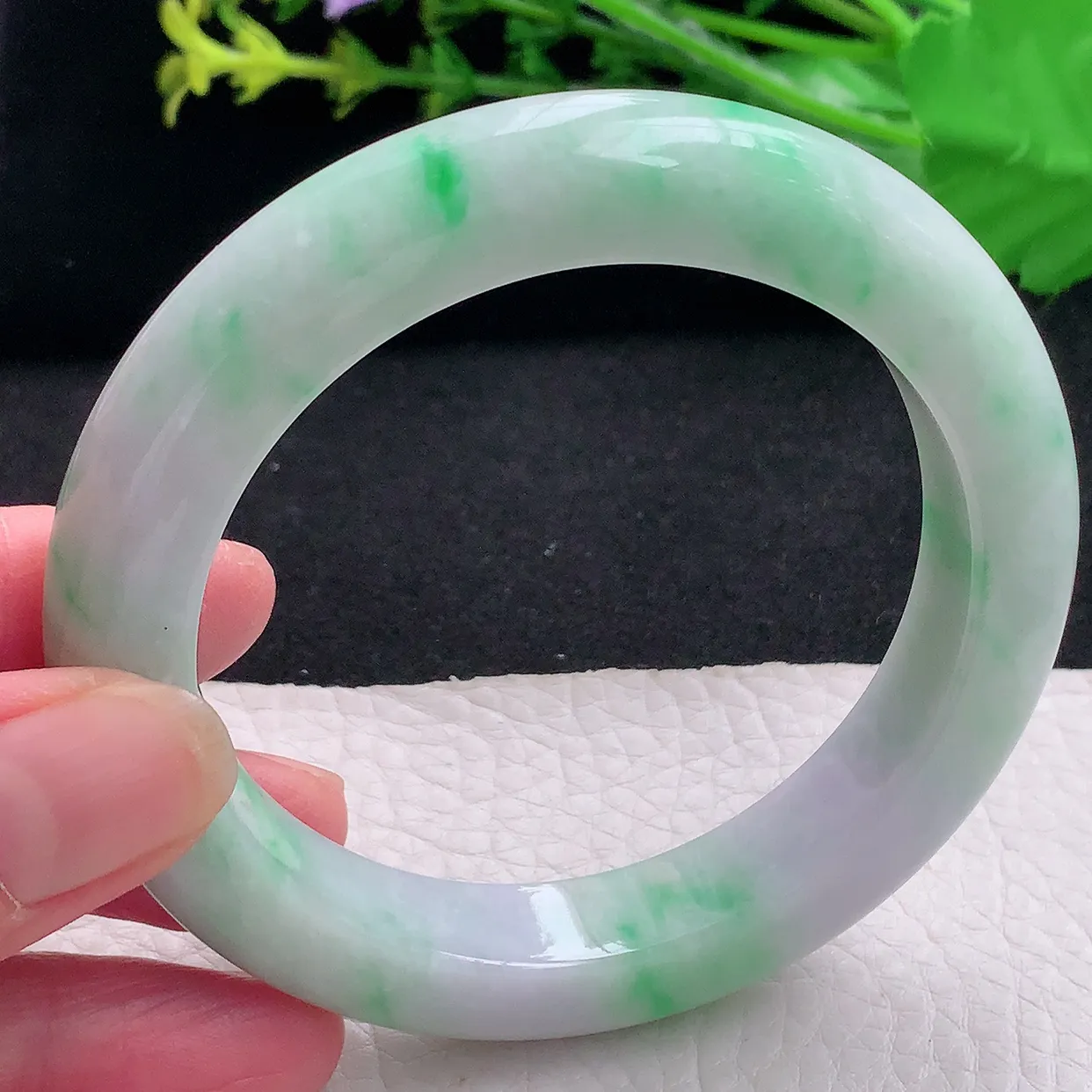 pj自然光58*11.8*10.5平安镯 天然缅甸翡翠a货春带彩厚装宽边珠宝玉手镯