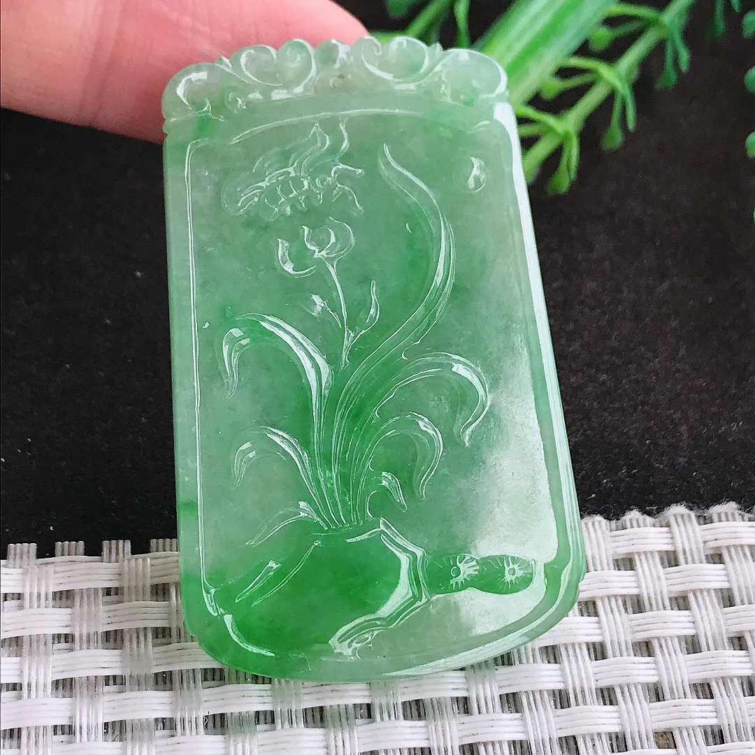 自然光54.2/34.5/4.2老坑精美冰润满绿阳绿喜上眉梢吊坠翡翠花鸟玉坠挂件