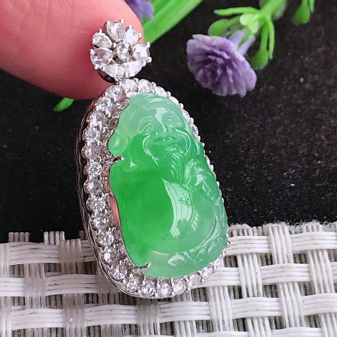 自然光31.5/16.3/12.2老坑18k金镶嵌冰种阳绿财神爷吊坠翡翠玉坠挂件