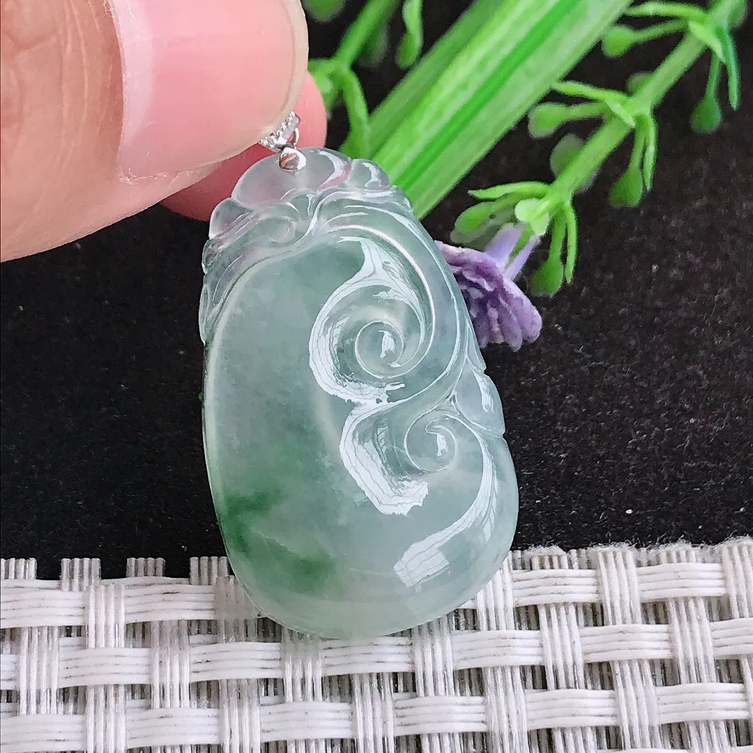 自然光31/19.3/4.6老坑18k金镶嵌冰种飘花如意吊坠翡翠玉坠挂件