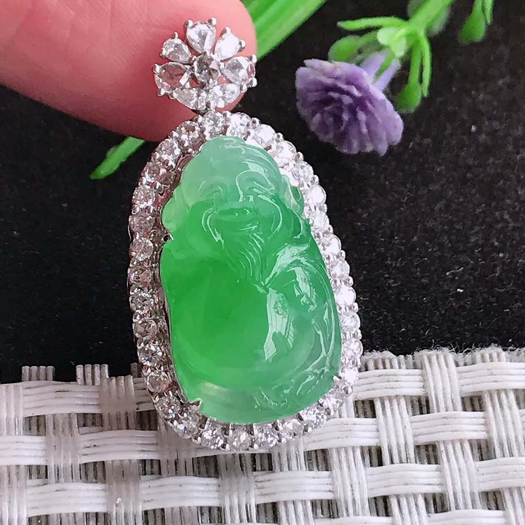 自然光31.5/16.3/12.2老坑18k金镶嵌冰种阳绿财神爷吊坠翡翠玉坠挂件