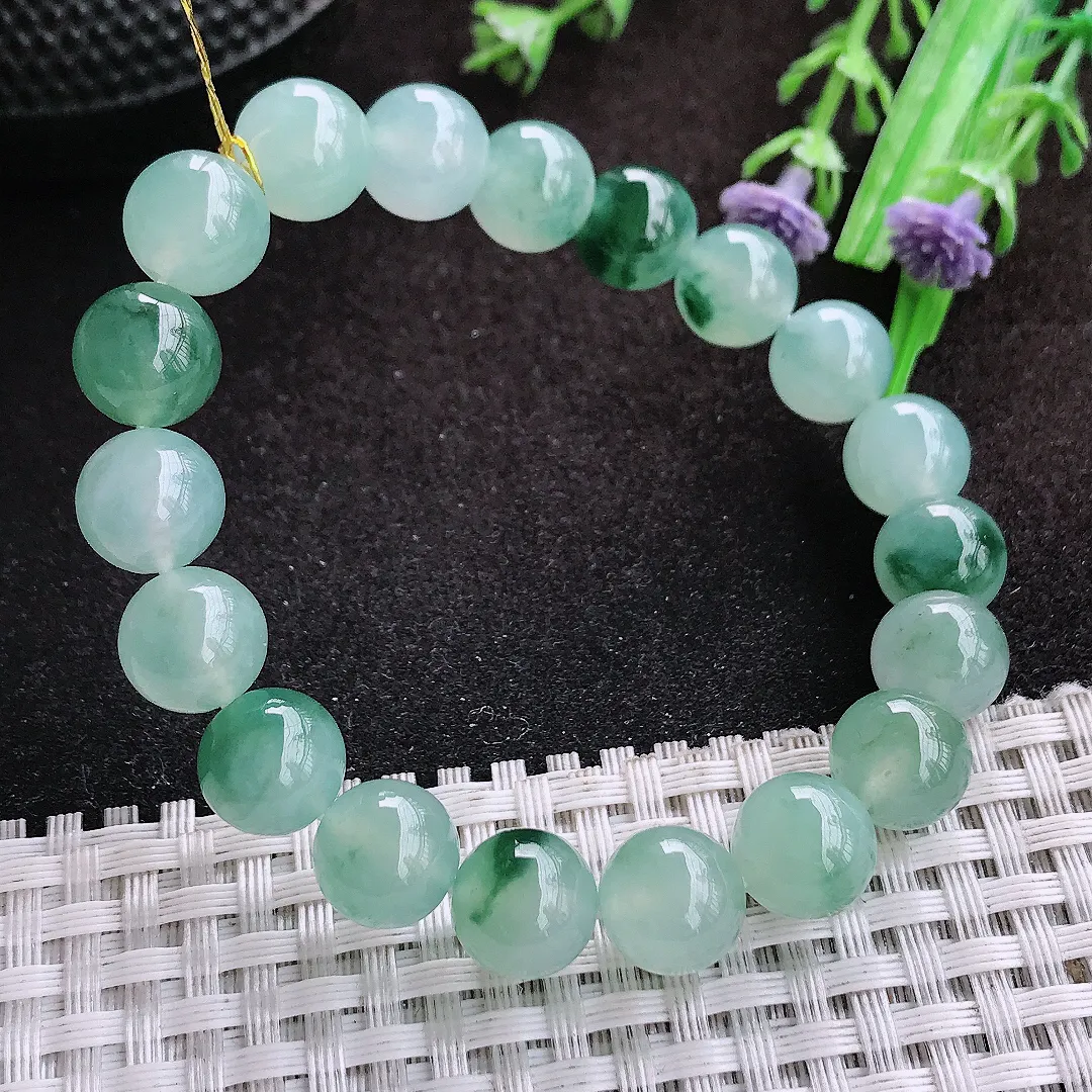 自然光9.9/19颗老坑冰种果冻冰飘花圆珠手链翡翠玉珠链女士百搭