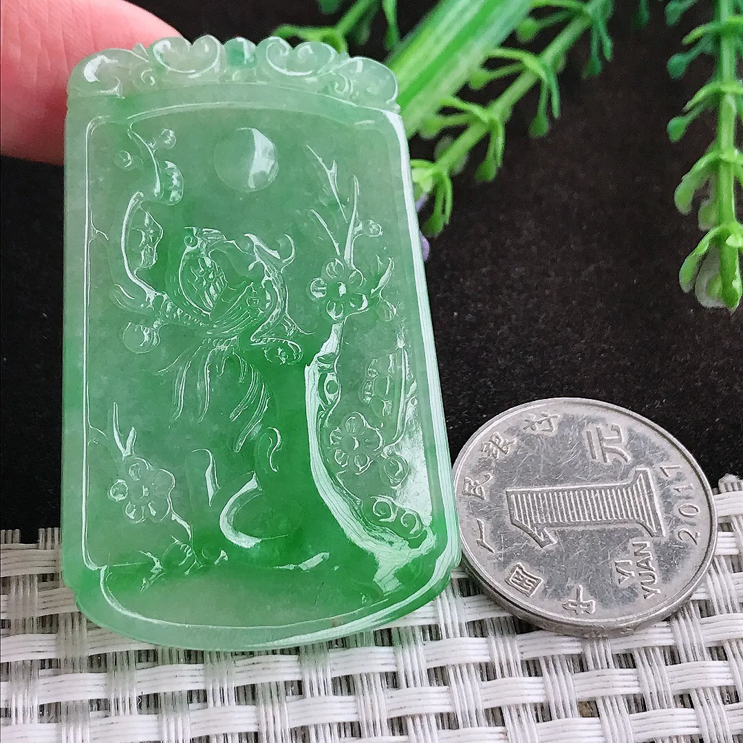 自然光54.2/34.5/4.2老坑精美冰润满绿阳绿喜上眉梢吊坠翡翠花鸟玉坠挂件