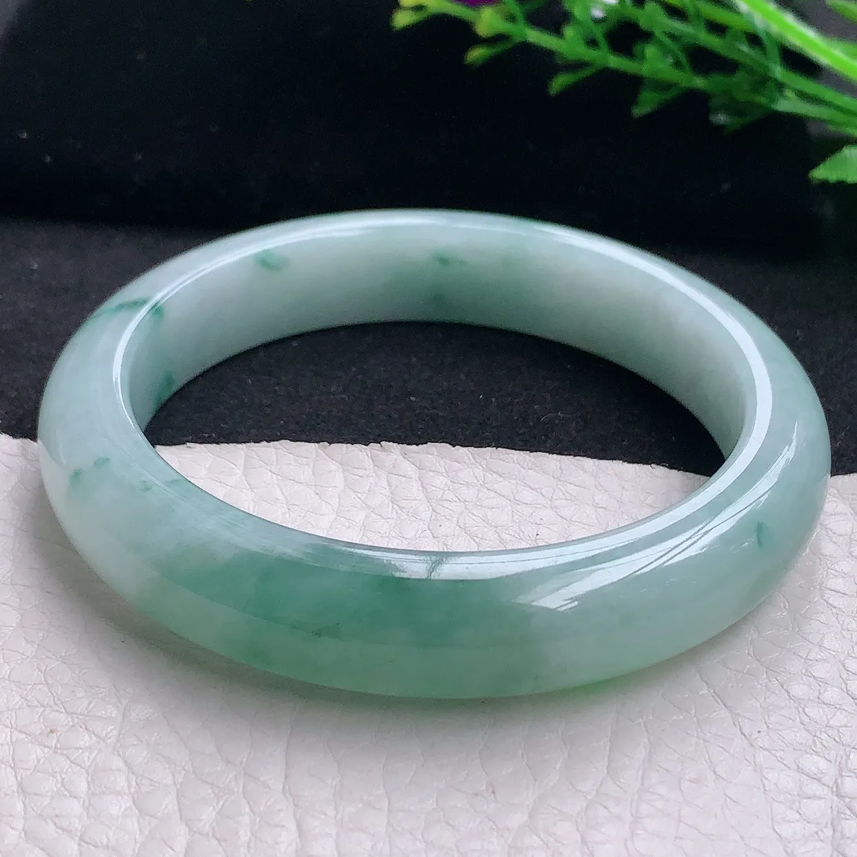 qn自然光58.5*12.3*9平安镯 天然缅甸翡翠a货冰胶半山水宽边珠宝玉手镯