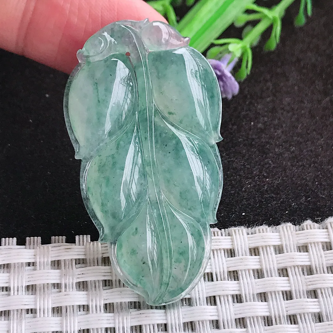 自然光46/26/5.8老坑冰胶果冻飘花叶子吊坠翡翠玉坠挂件