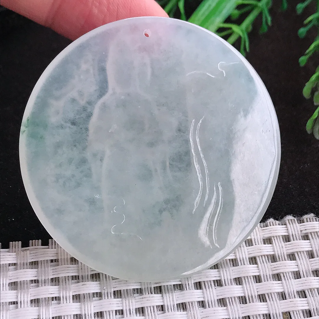 自然光53.5/5老坑冰胶果冻通透赐福观音吊坠翡翠圆牌挂件