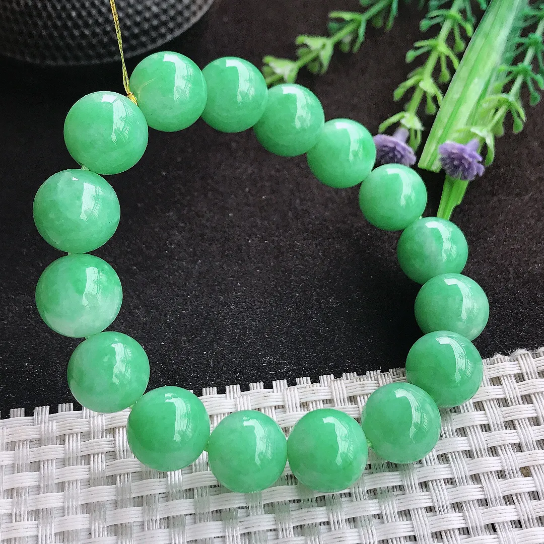 自然光12.8/16颗老坑精美温润满绿圆珠手链翡翠玉珠链女士百搭