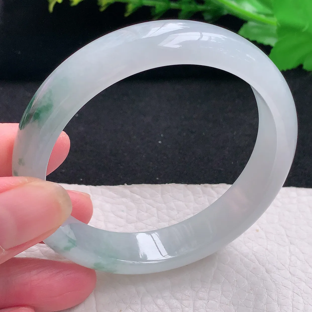 pj自然光58*13*7.3平安镯 天然缅甸翡翠a货冰飘花宽边珠宝玉手镯