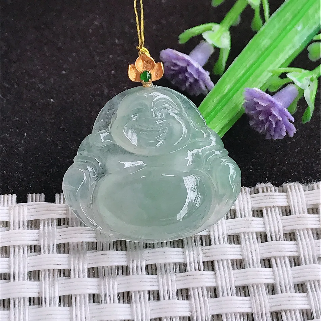 自然光22.5/25.8/5.8老坑18k金镶嵌冰种冰晴佛公吊坠翡翠玉佛挂件