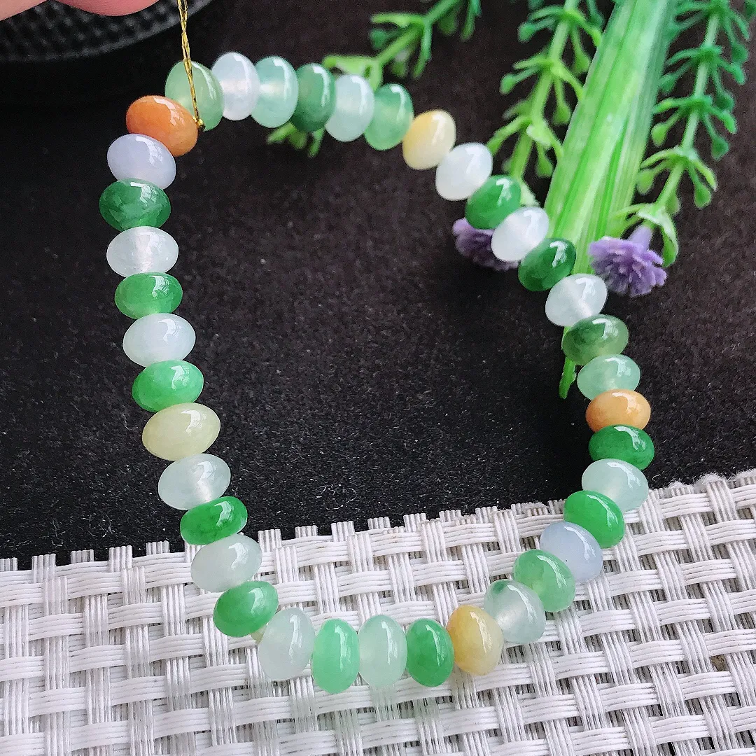 自然光7.3/5/38颗老坑冰透起胶艳丽三彩鼓珠手链翡翠玉珠链女士百搭