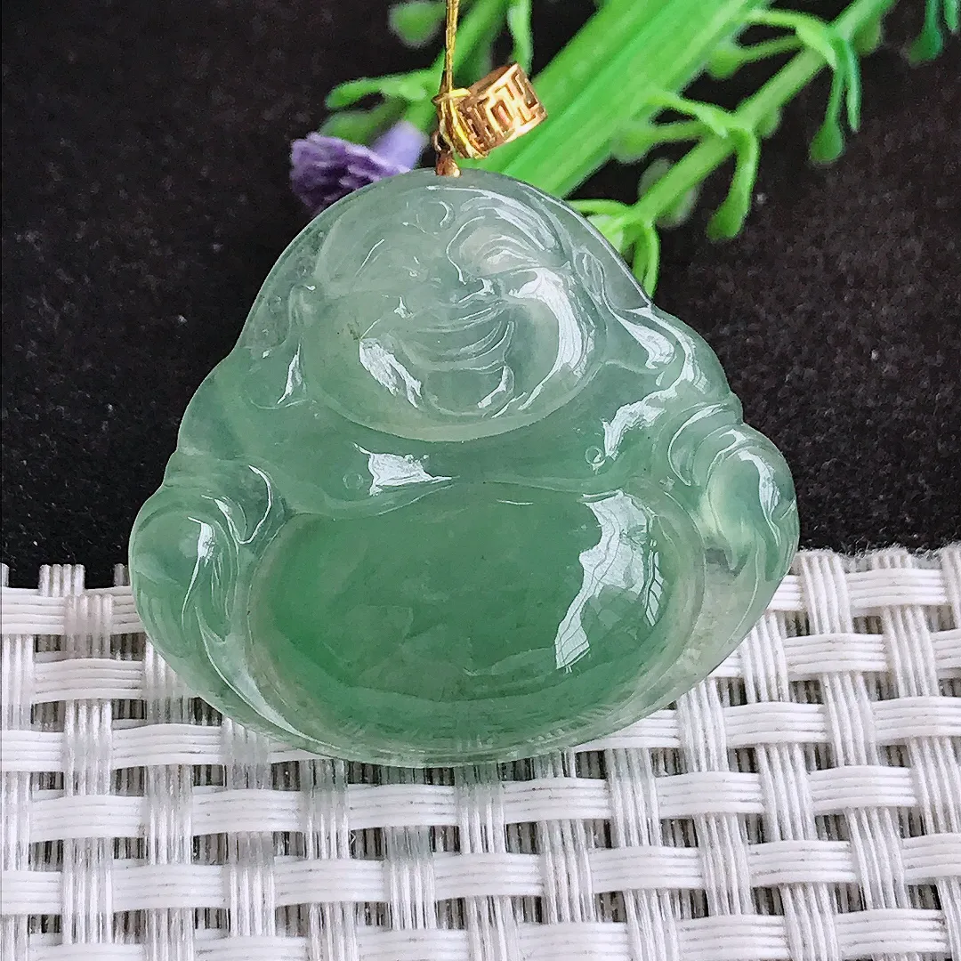 自然光32/36/6.8老坑18k金镶嵌冰胶油绿佛公吊坠翡翠玉坠挂件