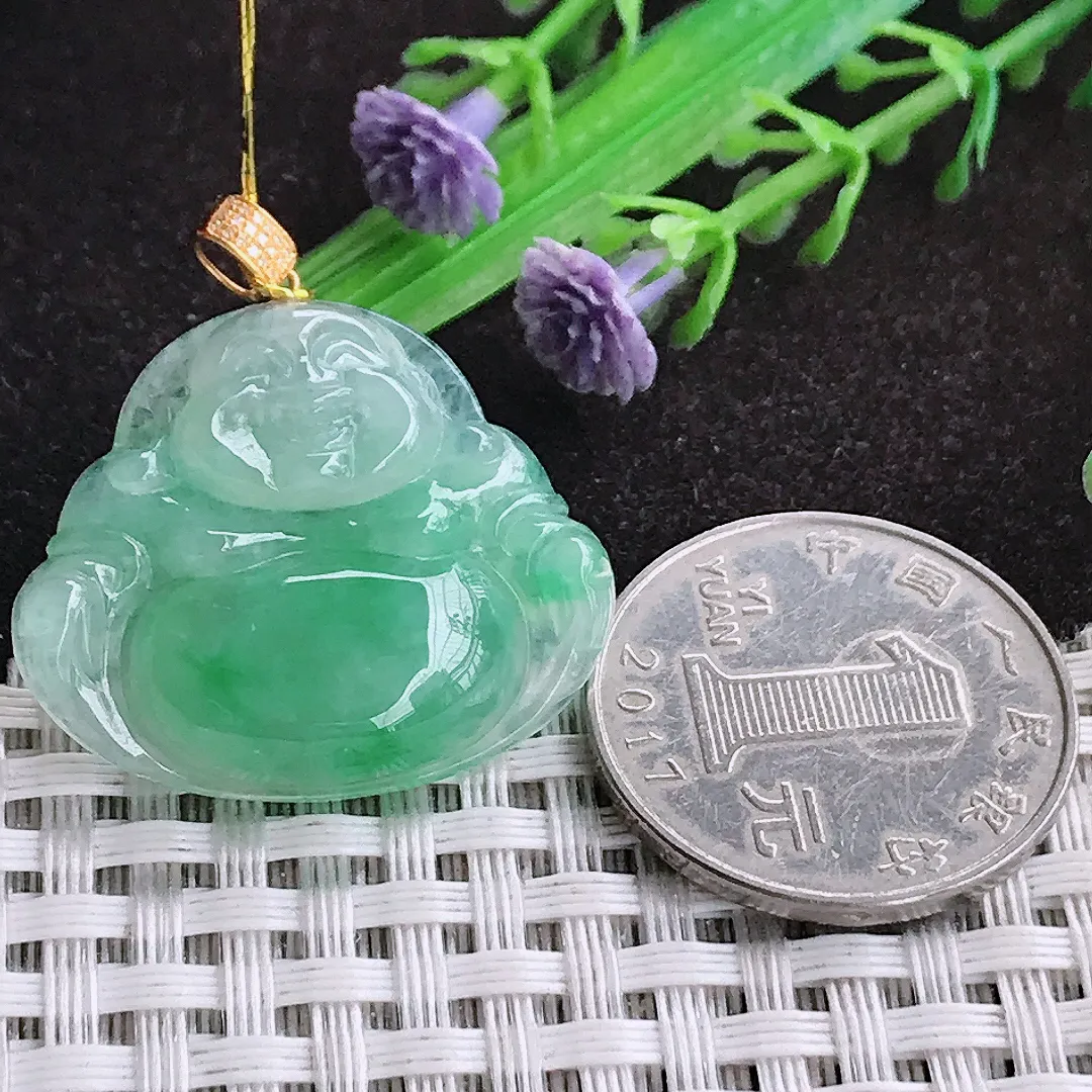 自然光25.8/30/5.8老坑18k金镶嵌冰胶阳绿佛公吊坠翡翠玉坠挂件