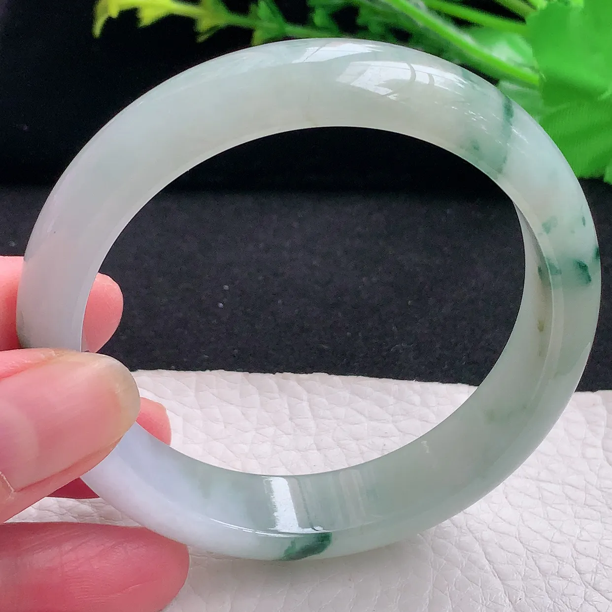 xh自然光58*14*7.8平安镯 天然缅甸翡翠a货冰飘花宽边珠宝玉手镯