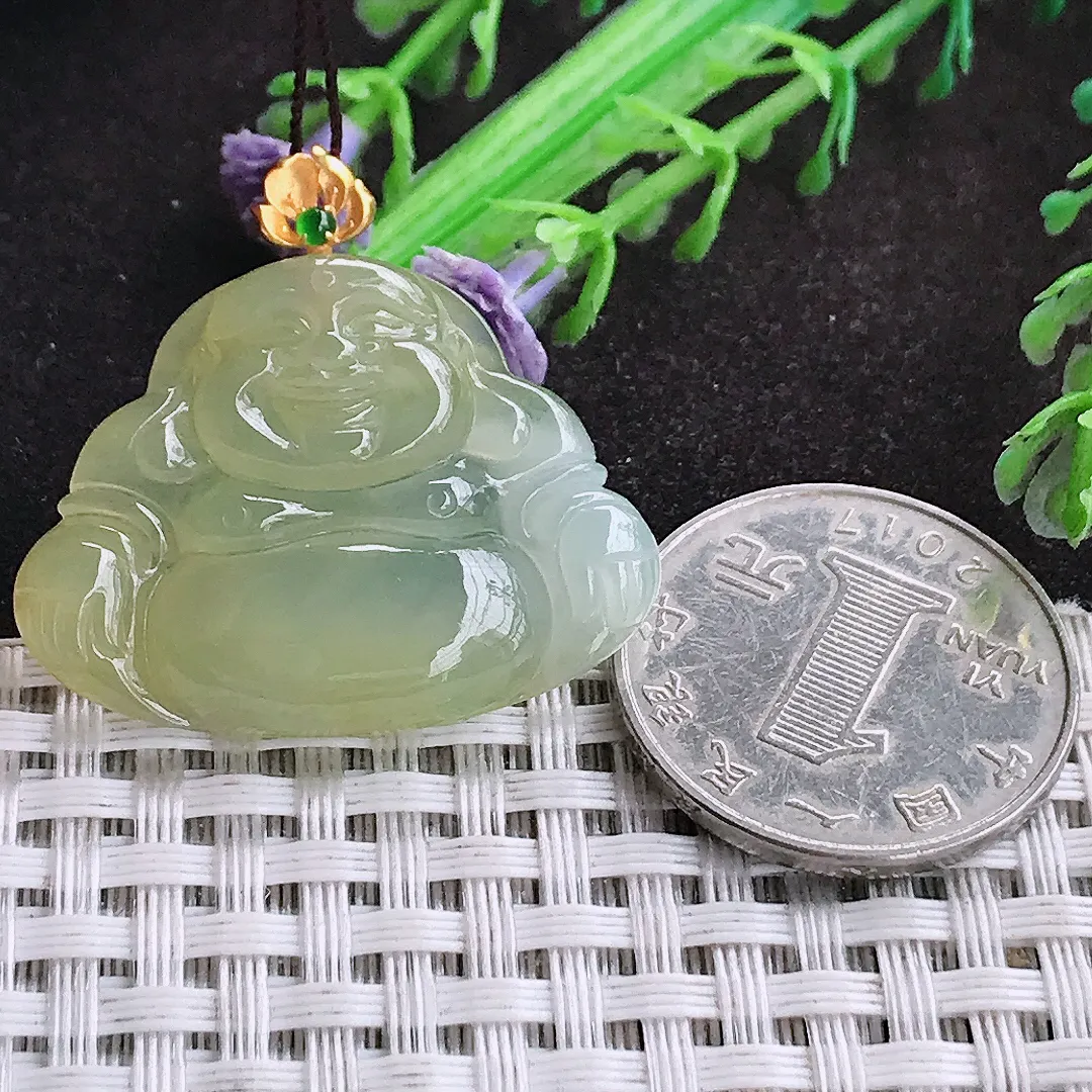 自然光25.5/33.6/5老坑18k金镶嵌冰胶黄翡佛公吊坠翡翠玉坠挂件