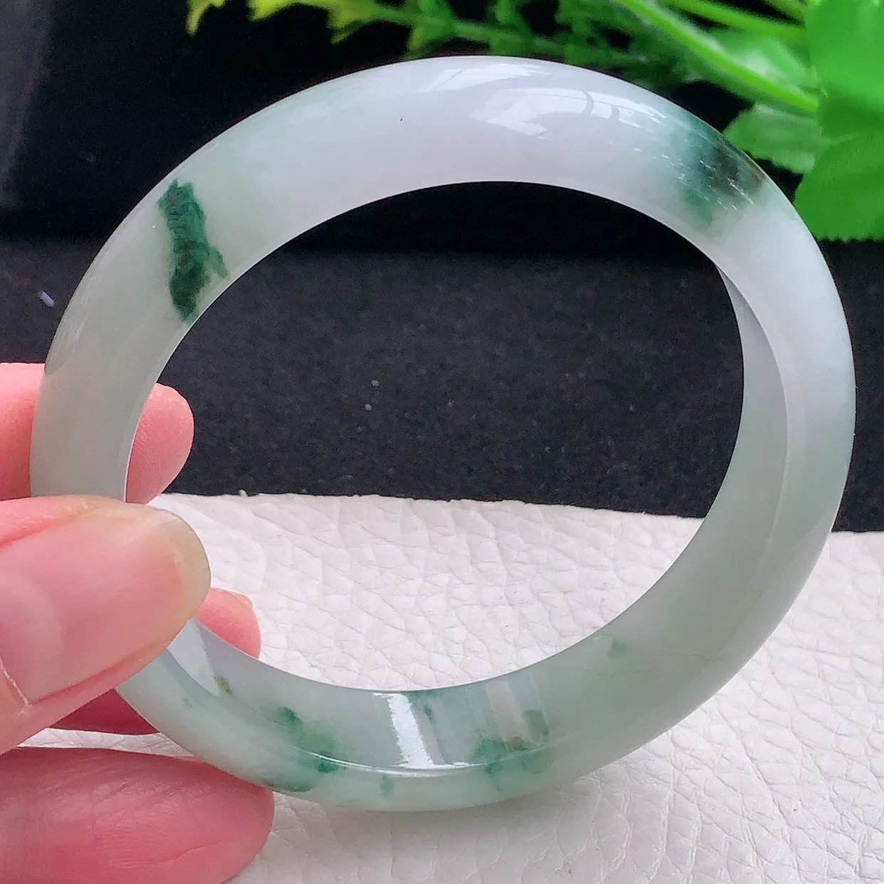 xh自然光58*14*7.8平安镯 天然缅甸翡翠a货冰飘花宽边珠宝玉手镯