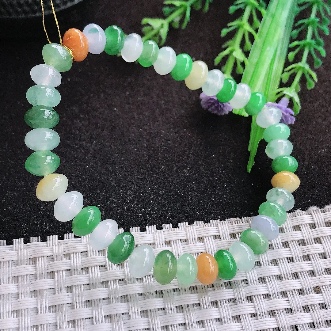 自然光7.3/5/38颗老坑冰透起胶艳丽三彩鼓珠手链翡翠玉珠链女士百搭