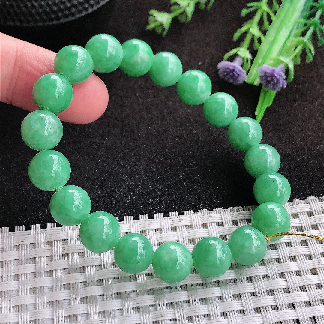 自然光9.8/19颗颗老坑精美温润满绿圆珠手链翡翠玉珠链女士百搭