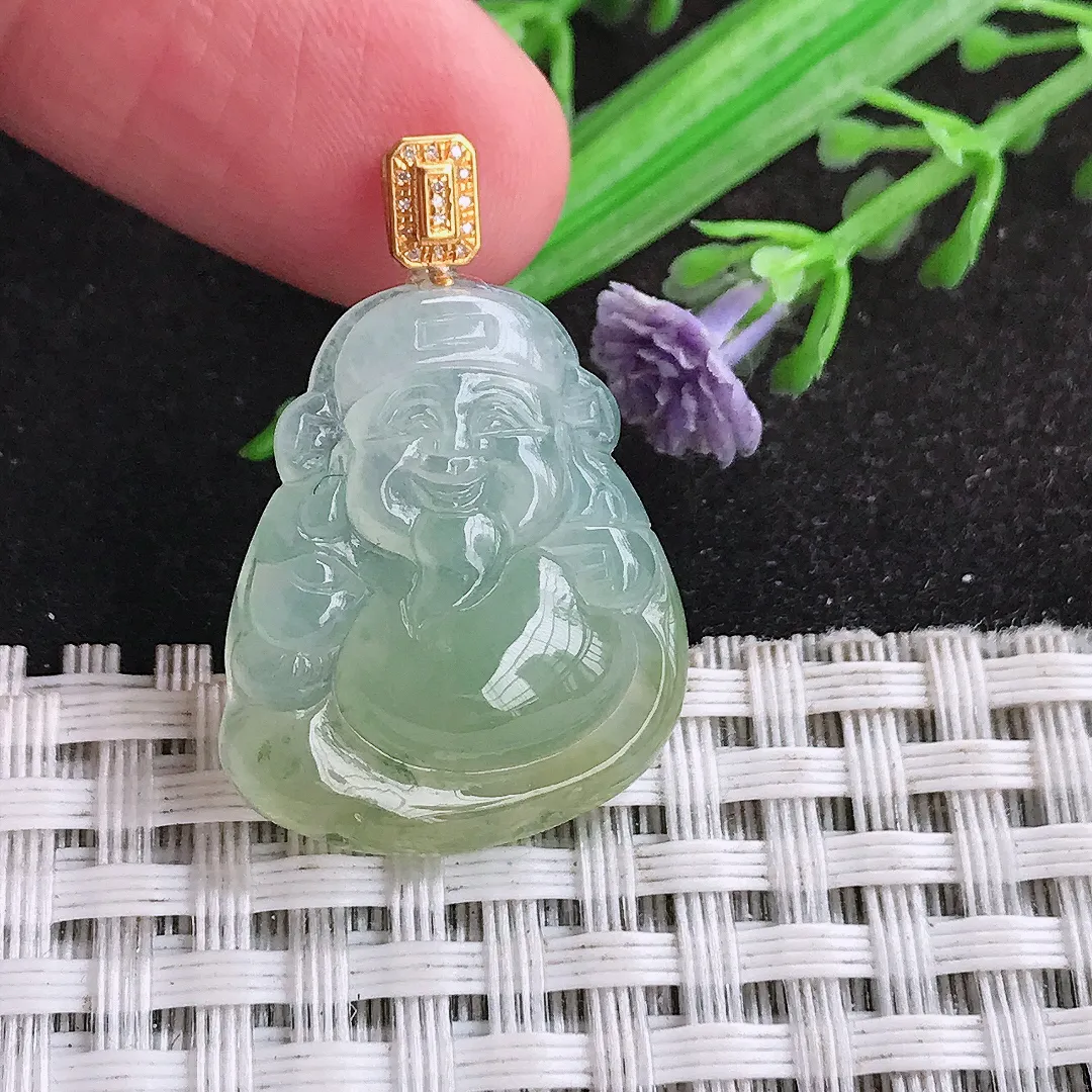 自然光24.6/20.3/4.8老坑18k金镶嵌冰胶果冻黄翡财神爷吊坠翡翠玉坠挂件