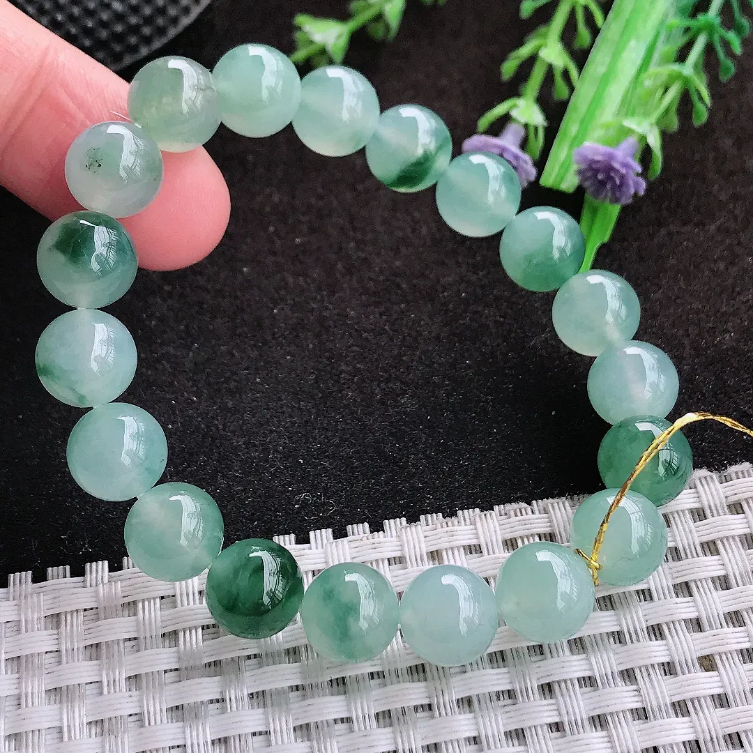自然光9.9/19颗老坑冰种果冻冰飘花圆珠手链翡翠玉珠链女士百搭