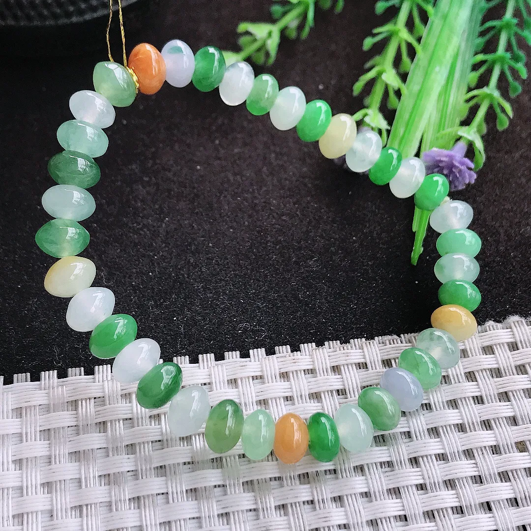 自然光7.3/5/38颗老坑冰透起胶艳丽三彩鼓珠手链翡翠玉珠链女士百搭