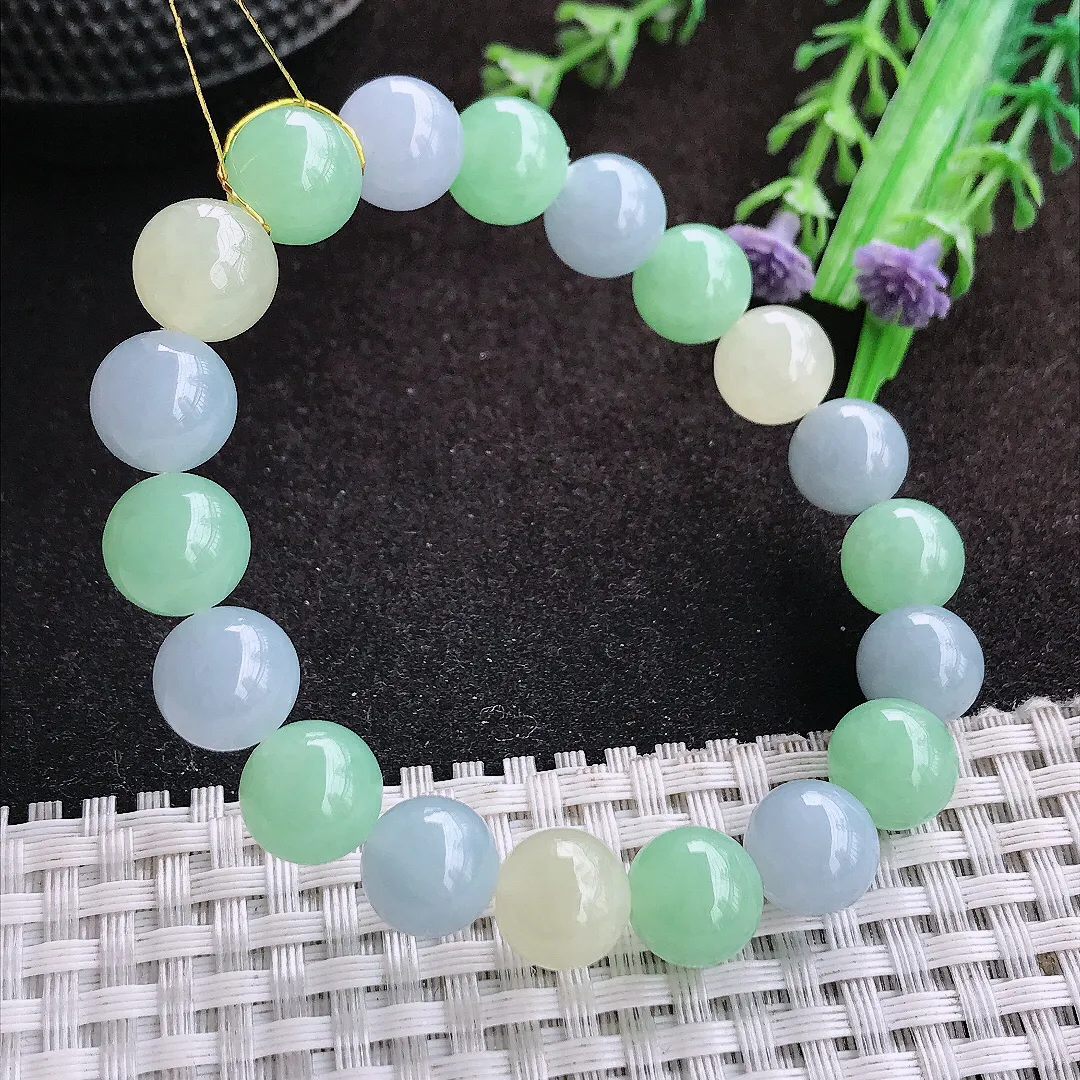 自然光9.8/19颗颗老坑冰胶果冻三彩手链翡翠玉珠圆珠链女士百搭