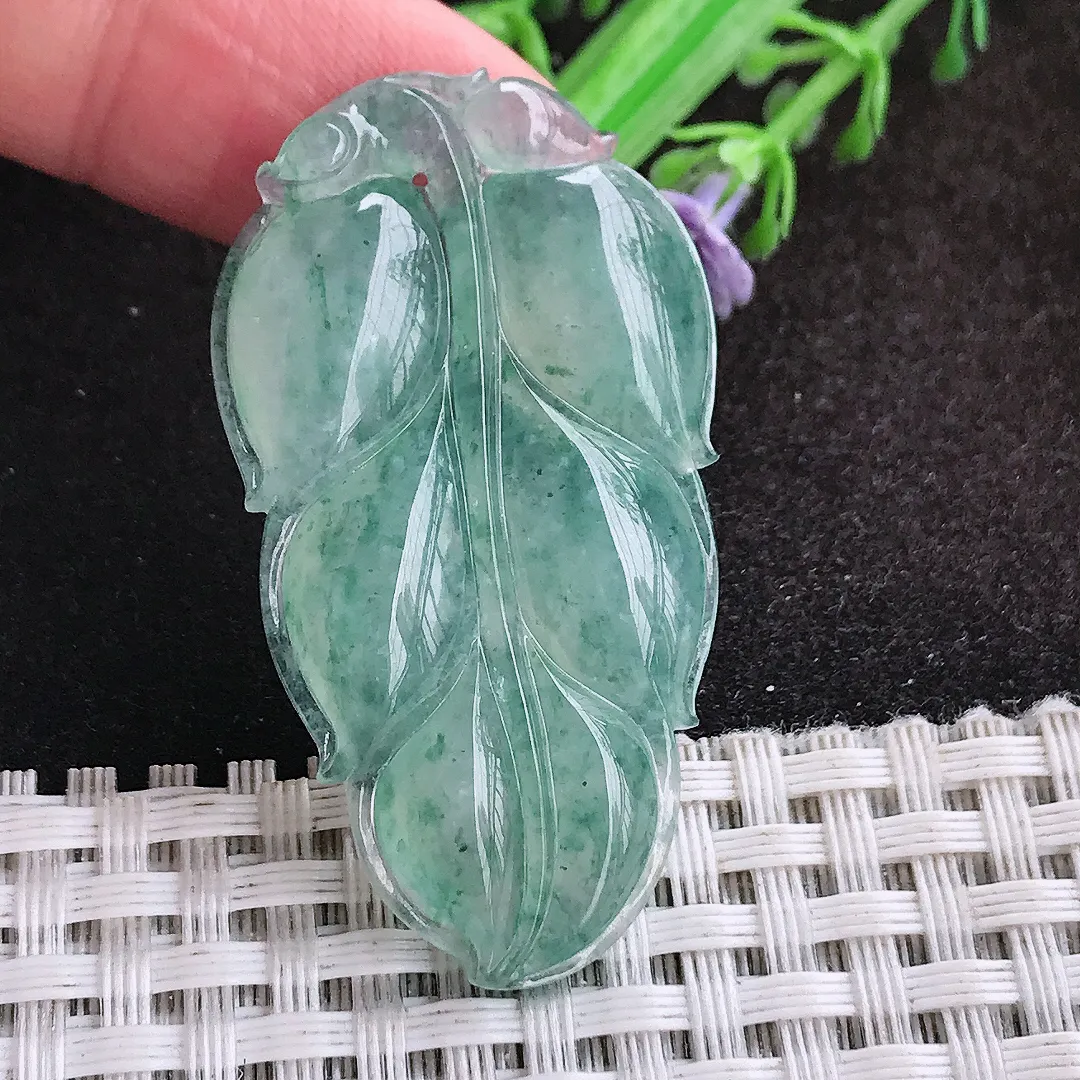 自然光46/26/5.8老坑冰胶果冻飘花叶子吊坠翡翠玉坠挂件
