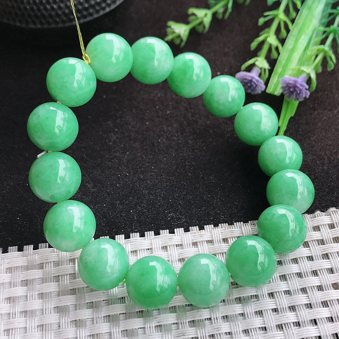自然光12.8/16颗老坑精美温润满绿圆珠手链翡翠玉珠链女士百搭