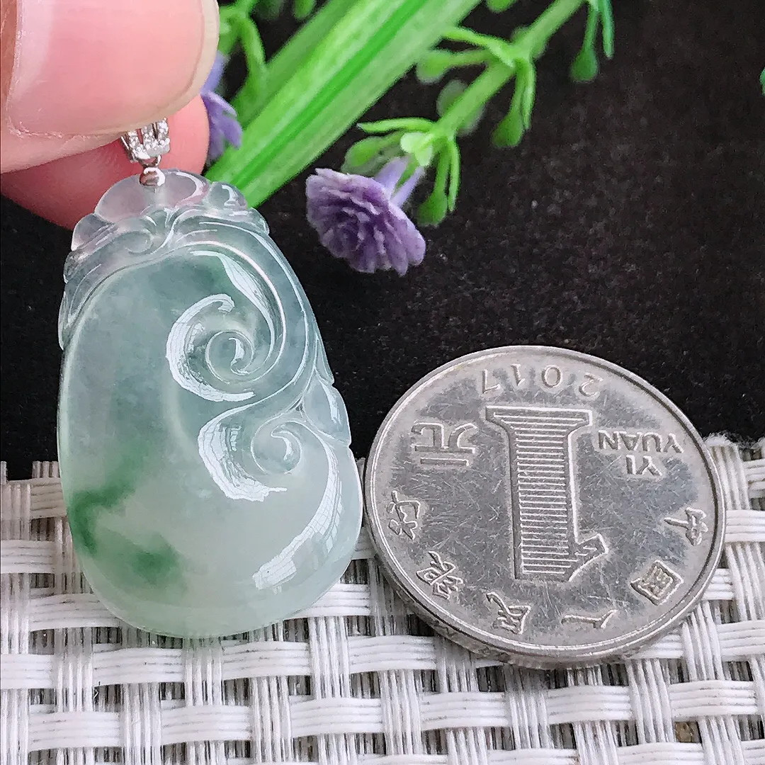 自然光31/19.3/4.6老坑18k金镶嵌冰种飘花如意吊坠翡翠玉坠挂件