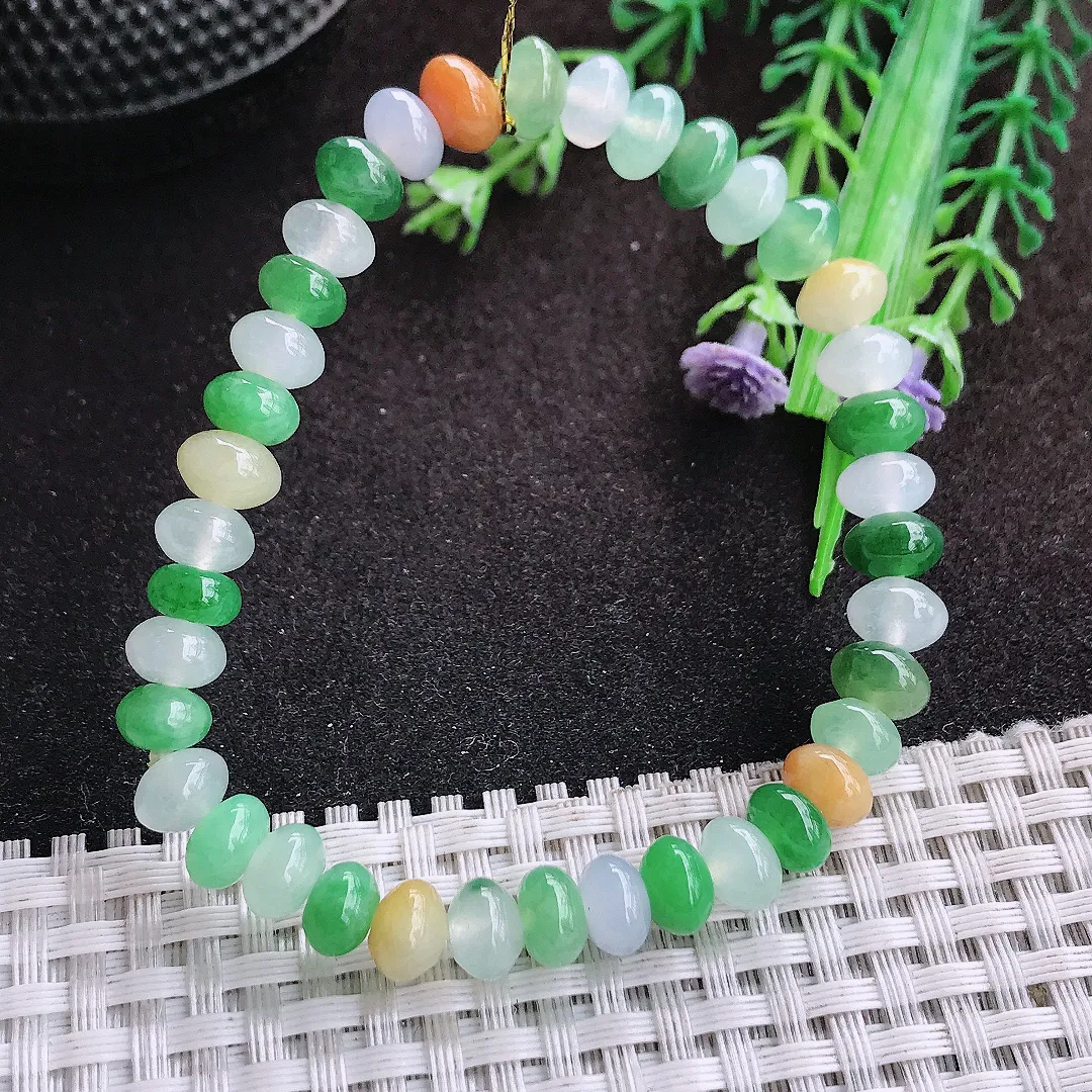 自然光7.3/5/38颗老坑冰透起胶艳丽三彩鼓珠手链翡翠玉珠链女士百搭