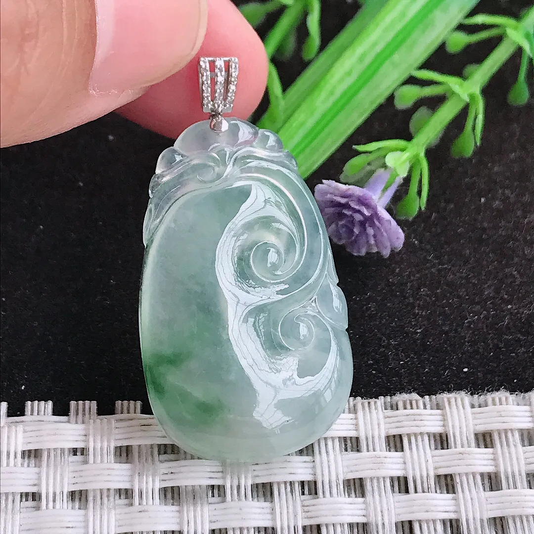 自然光31/19.3/4.6老坑18k金镶嵌冰种飘花如意吊坠翡翠玉坠挂件