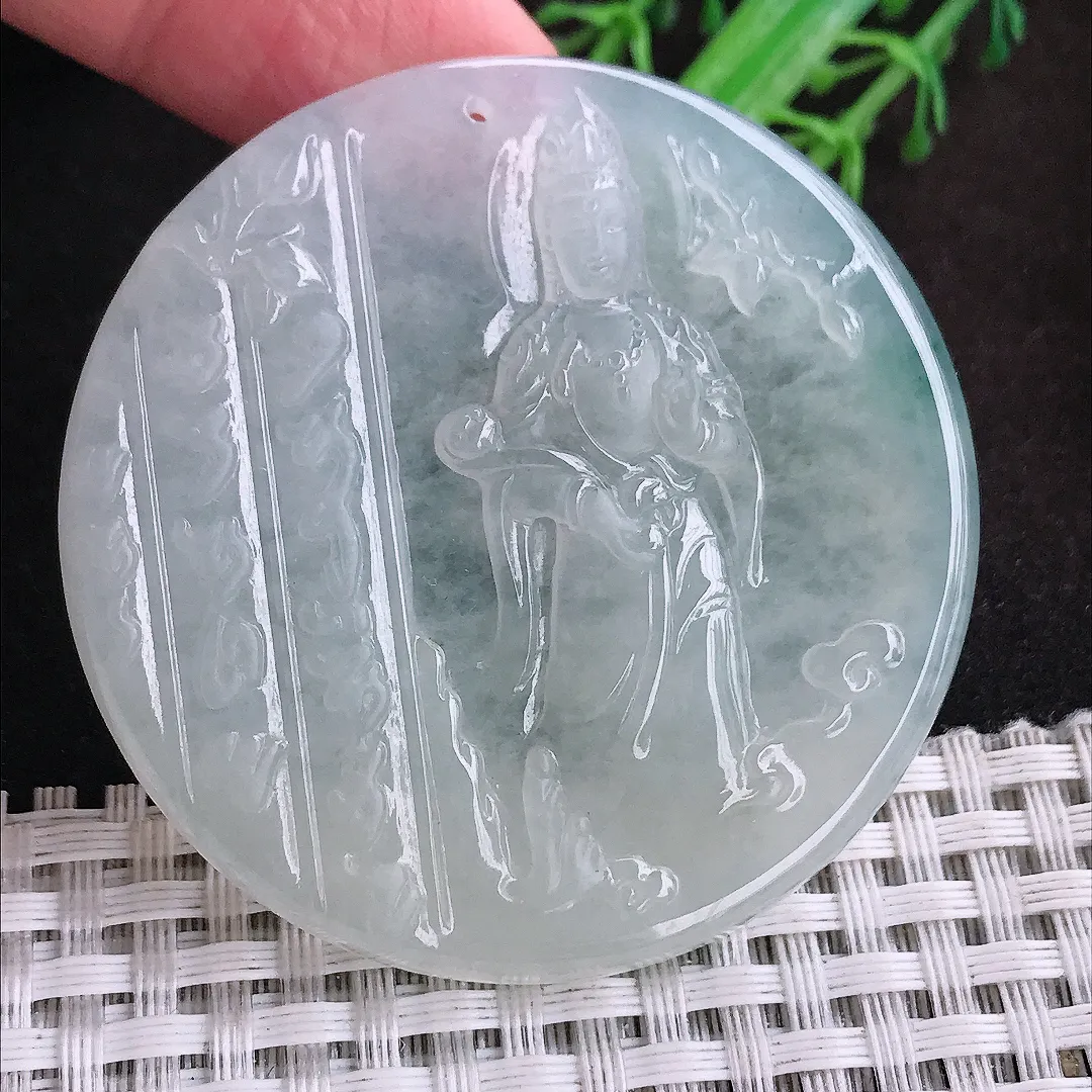 自然光53.5/5老坑冰胶果冻通透赐福观音吊坠翡翠圆牌挂件