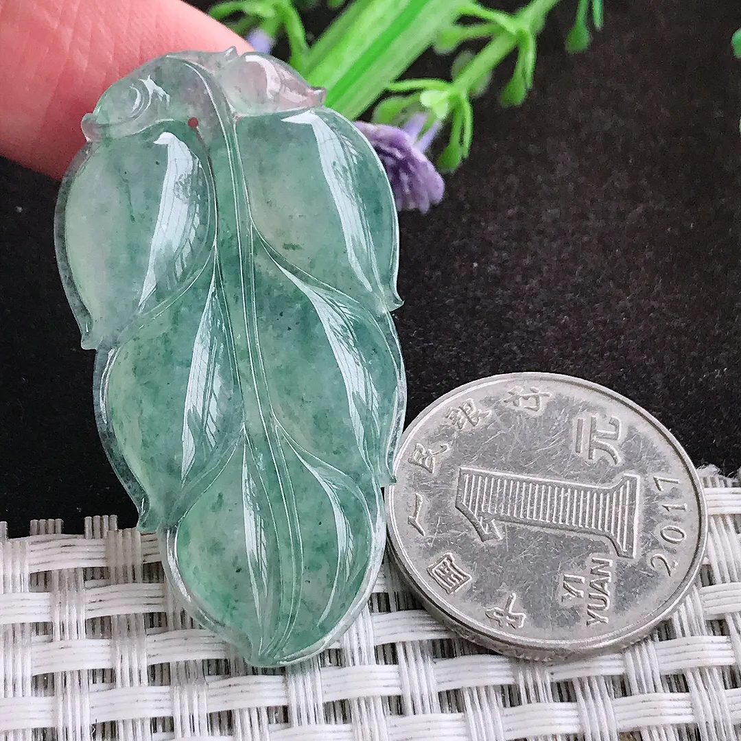 自然光46/26/5.8老坑冰胶果冻飘花叶子吊坠翡翠玉坠挂件